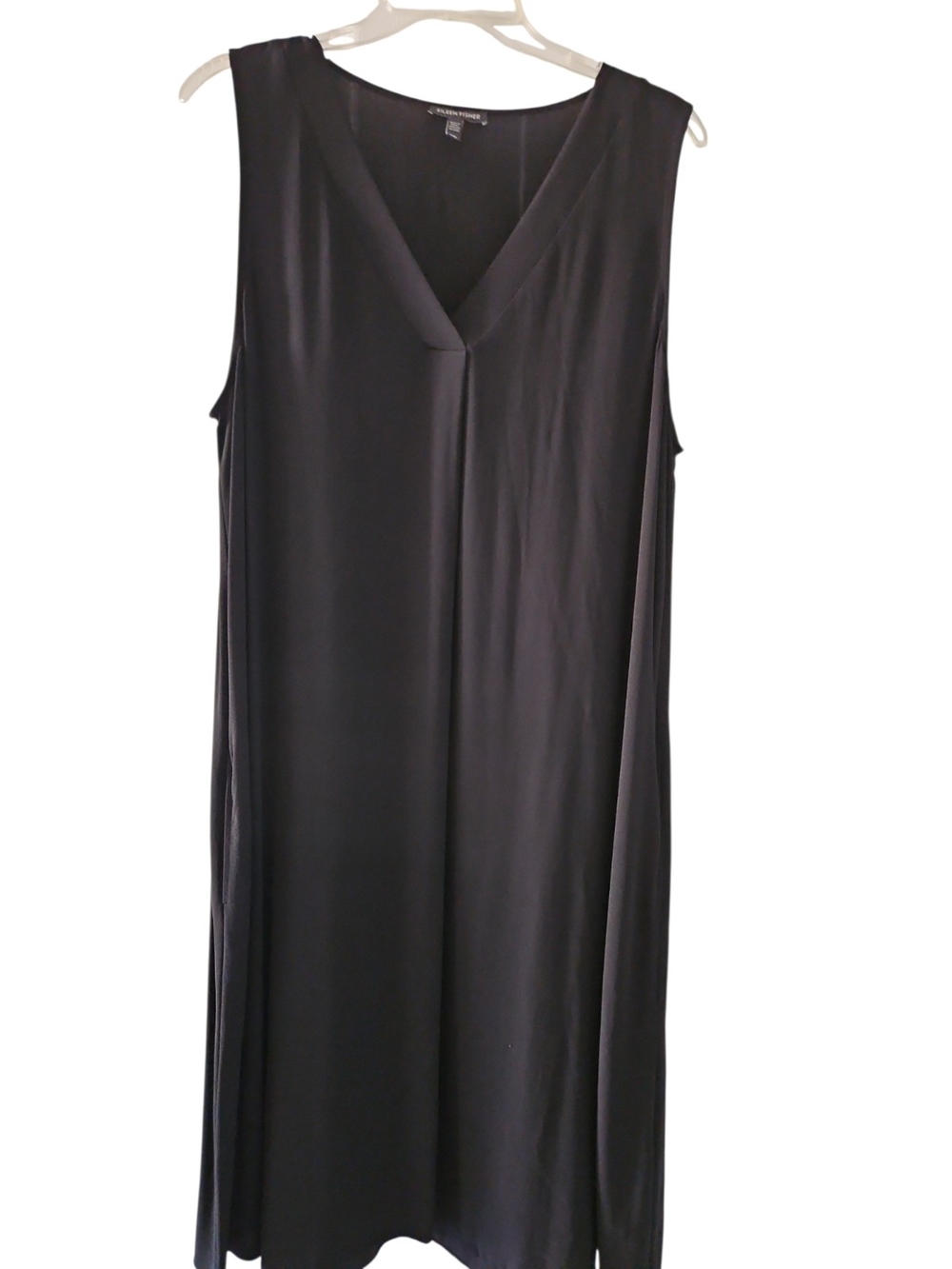 Eileen Fisher Silk Dress Size L Black Sleeveless V Neck Midi A Line Shift